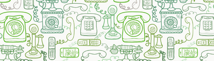 Green telephones and cell phones, from antique to modern. 