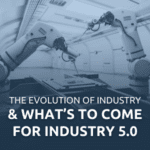 Image featuring two robotic arms in a factory assembly line. Overlaid text reads: 'The Evolution of Industry & What's to Come for Industry 5.0'. This image serves as the cover for a blog post discussing the history of industry and the transition to Industry 5.0.
