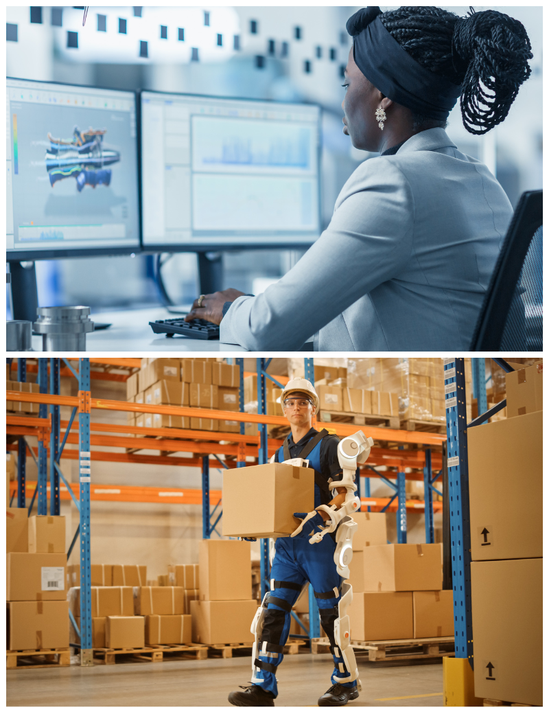 In a single graphic, two scenes are depicted:

A worker in a high-tech warehouse wearing a powered exoskeleton carries a heavy cardboard box. The exosuit enhances human strength and aids in injury prevention.

A black female engineer works on a computer in a modern industrial factory office. She designs a 3D turbine using CAD software, showcasing advanced technology in industrial design.
