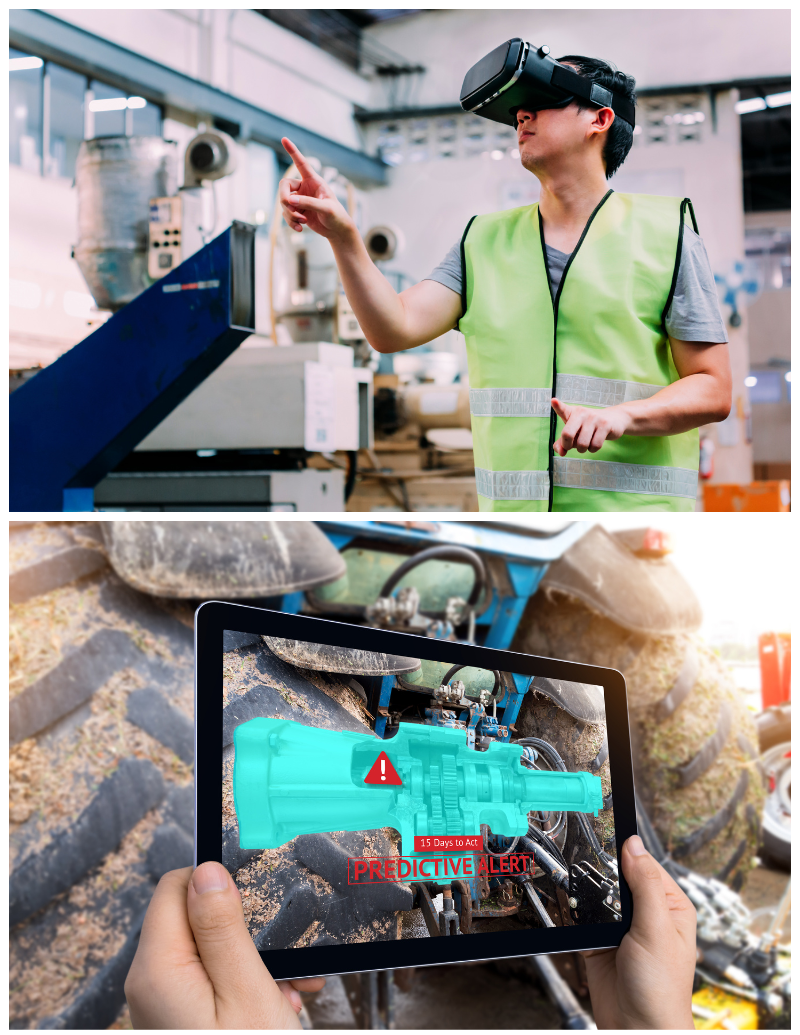 In a single graphic, two scenes are depicted: Augmented reality technology: A hand holds a tablet displaying an AR maintenance app with predictive alerts for machine parts. Virtual reality simulation in industrial engineering and manufacturing: A worker in a factory wears VR goggles alongside heavy-duty machines.