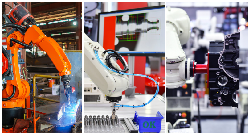 In a single graphic, 3 scenes are depicted:

In an industrial factory setting, a robotic welding machine is shown welding a steel plate of a steel structure.

Within a factory environment, a white modern robotic machine vision system displays what the digital camera can see on a screen.

Also in a factory setting, the focus is on the camera itself in a white modern robotic machine vision system.